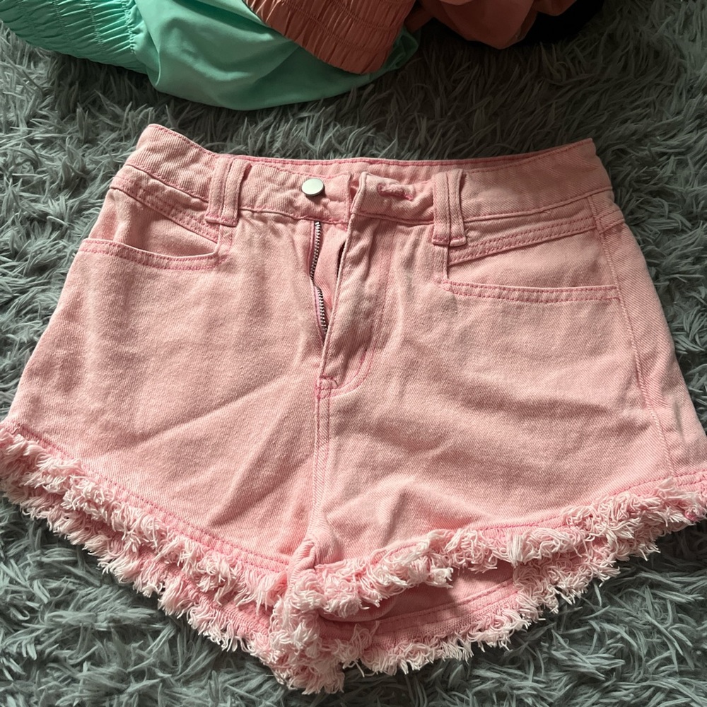 SHEIN Pink Distressed Jean Shorts Frayed Hem